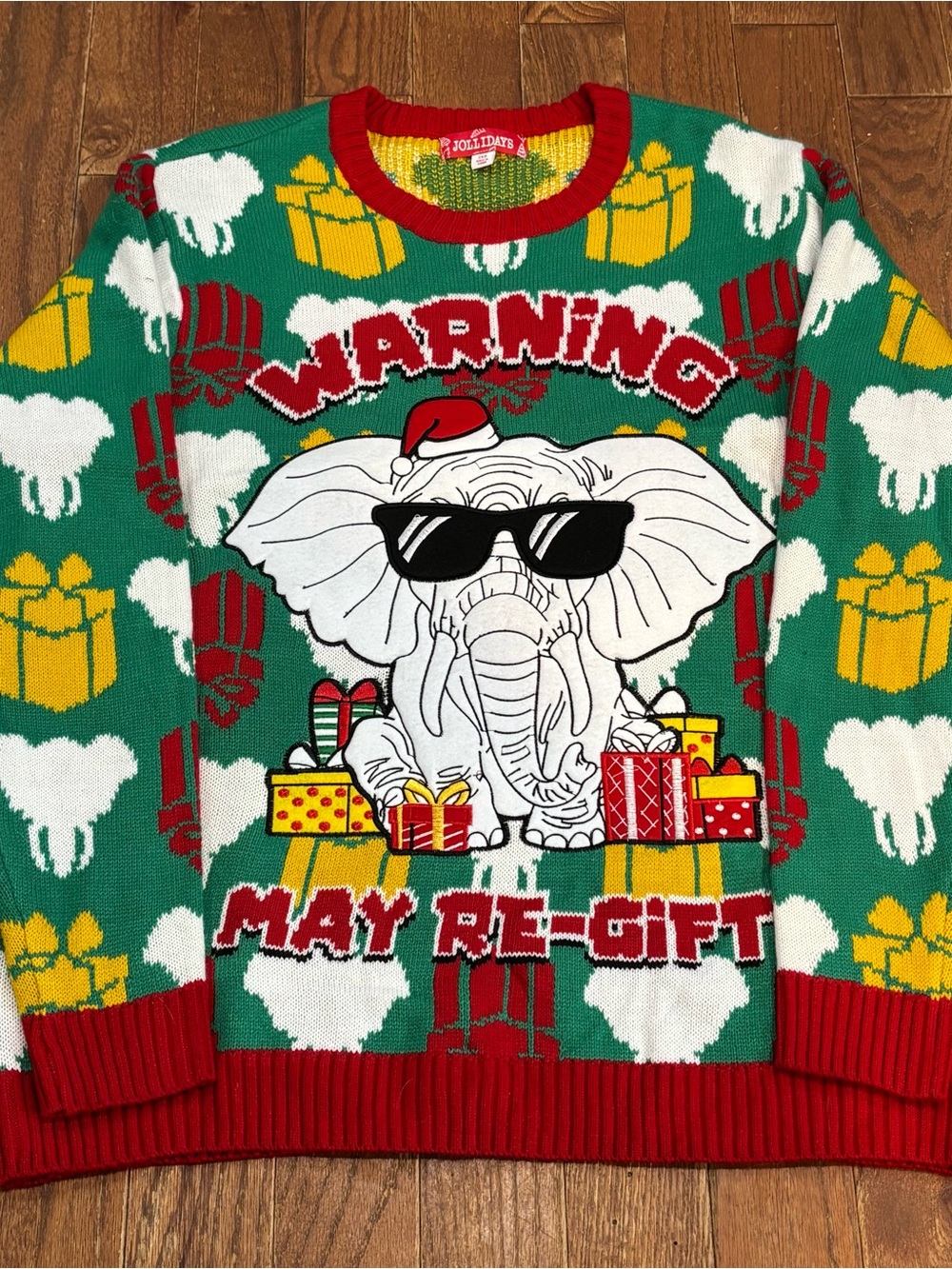 Holiday Elephant "Warning May Re-Gift" Green Novelty Sweater